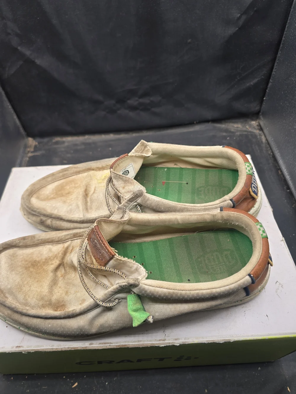Hey Dude Beige Slip-On Loafers with Green Insoles